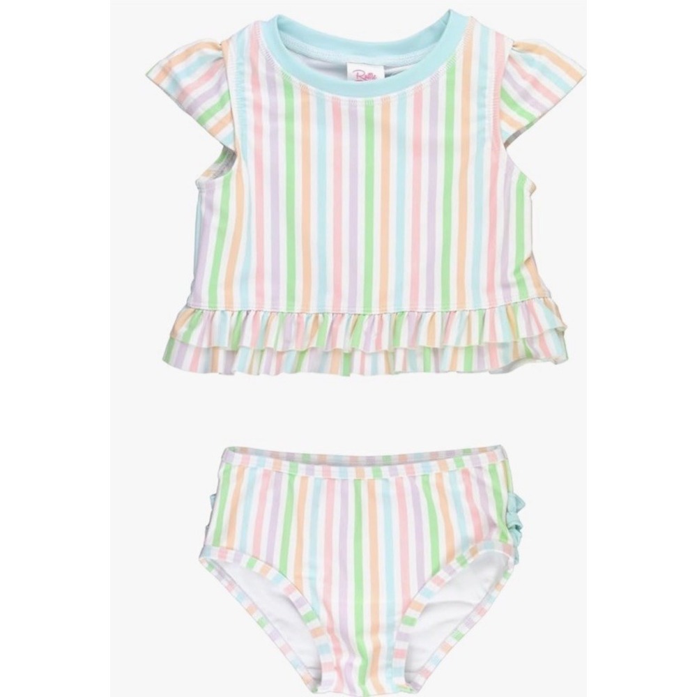 Ruffle Butts Size 7 Girls Pastel Rainbow Stripe Trim‎ Ruffles Swimsuit